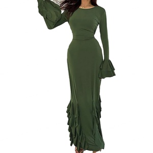 เดรสยาวผู้หญิงคุณภาพสูงแบบขายส่ง รับผลิตตามแบบ OEM ODM คอกลม แขนยาว ปลายแขนระบายชายกระโปรง - Product Image 2