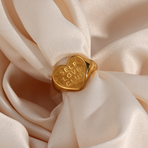 Stainless Steel Self Love Club Engraved Heart <b>Ring</b> Retro Gold Wide Band <b>Statement</b> Finger <b>Ring</b> For Women Daily Jewelry - Product Image 5
