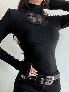 Top Aderente con Inserti in Pizzo da Donna, Collo Alto, Maniche Lunghe, Nero, Dettaglio Trasparente sul Petto, Pullover Slim, Abbigliamento da Sera, Personalizzabile all'Ingrosso - Product Image 2