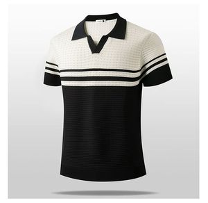 Men's Striped Color Block Knit Polo <strong>Shirt</strong> Short Sleeve V-Neck Breathable Pointelle Casual Summer Top - Product Image 3