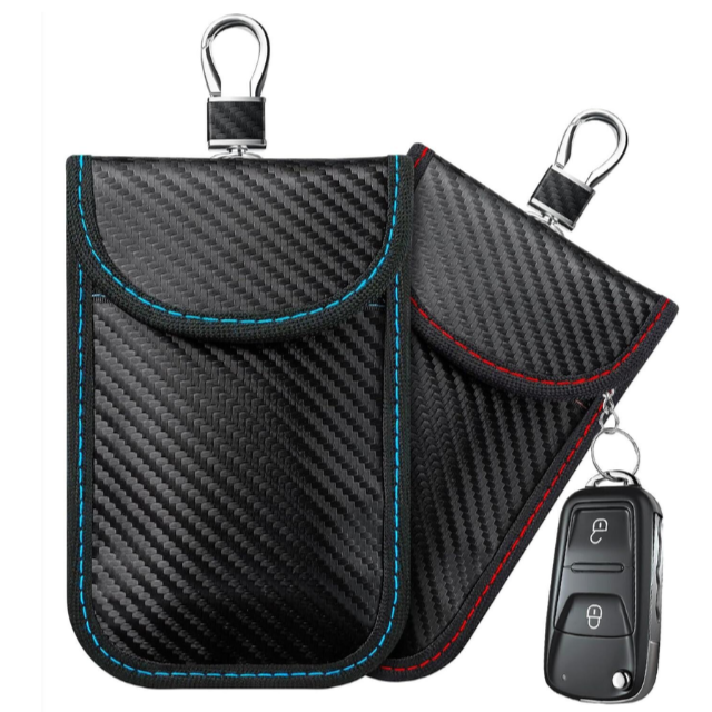 RFID Blocking Carbon Fiber Leather Car Key Pouch Case Wallet with Key Ring Fashion Style Belt Pattern and Keychain Feature