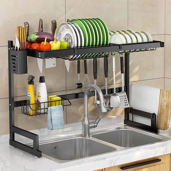 2-stufiger Geschirr trockner Home Kitchen Standing Edelstahl-Lagerhalter Kitchen Sink Dish Rack