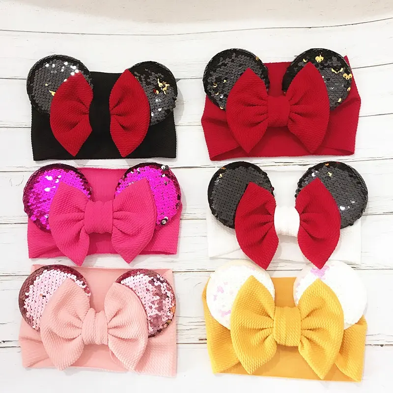 Glitter Mickey Kids Headbands Cartoon Mouse Ears Elastic Head Band Bow Paillette ChildrenHair Accessories Baby Fabric Headwear