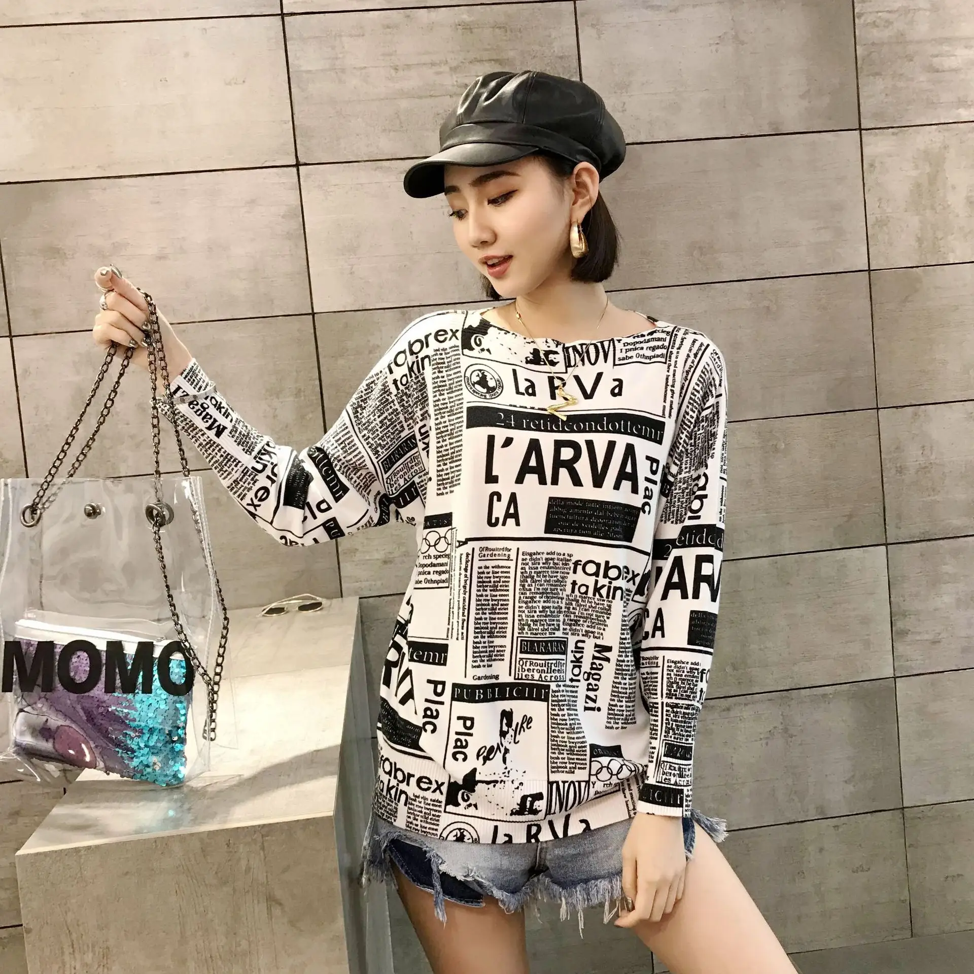 2019 South Korea Fashion Wholesale Tops Women Long Sleeve wool Casual stylish printing sweaters
