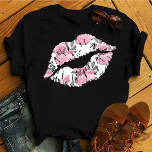 Kaus leher bulat crop gadis desain mulut payet kustom kaus cetak grafis bibir ciuman dasar wanita kelas berat Mode