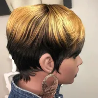 Perruques courtes en cheveux humains de couleur ombrée, fabriquées à la machine, coupe courte, cheveux brésiliens Remy, blond miel