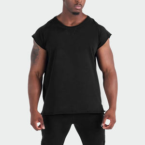 Vente en gros de t-shirt <span class=keywords><strong>sans</strong></span> manches noir 100% coton pour hommes coupe brute col rond débardeur Gym musculation débardeur - Product Image 3