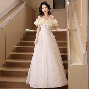 Abito <span class=keywords><strong>da</strong></span> sera champagne con spalle scoperte per <span class=keywords><strong>donna</strong></span>, nuovo, per compleanno, <span class=keywords><strong>cerimonia</strong></span>, laurea, spettacolo, ballo di fine anno - Product Image 1
