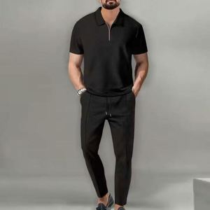 I-0497 Ensemble d'été deux pièces pour homme, style streetwear formel, écologique, couleur unie, col montant, manches courtes, fermeture éclair - Product Image 4