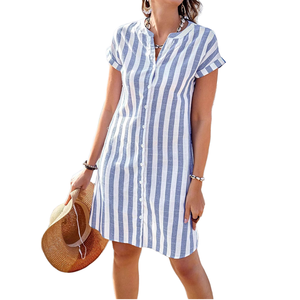 Women's Fashion Summer Midi Shirt Dress Elegant Casual Striped Stand Collar Front Button Loose Short Sleeves Woven Digital - Product Image 1