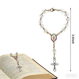 2 in 1 수제 묵주 팔찌 & 자동차 장식, 크리스탈 십자가 가톨릭 기도 구슬 거울 장식 기독교 선물용 - Product Image 4