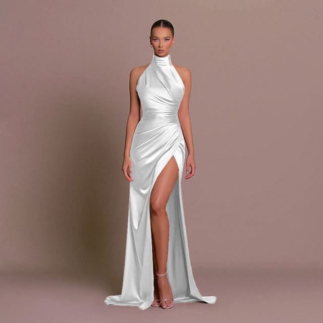 Dropshipping Halter Sleeveless Elegant Evening Dress Slit Slim Solid Color Dress 2024 High Quantity Stand Collar Long Dress