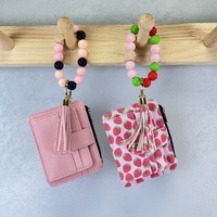 Dompet Baru Warna Solid Motif Bunga Stroberi Resleting Vertikal Dompet Koin Kulit PU Gelang Silikon Tempat Kartu Gantungan Kunci