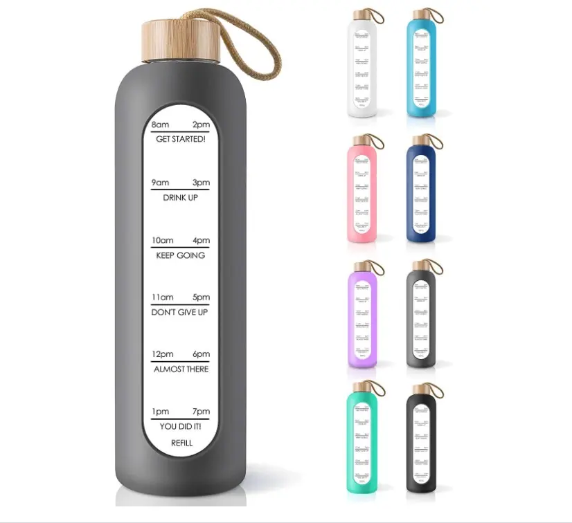 Yeway 32 oz Borosilicate Glass motivational Water Bottle glass cup time marker with Bamboo Lid and Silicone Sleeve BPA Free