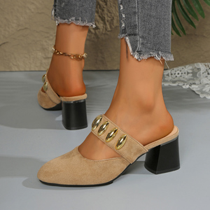2025 nouvelles femmes mode <span class=keywords><strong>Mules</strong></span> Beige talon épais sandales métal décoratif boucle sangles sandales à talons hauts - Product Image 5