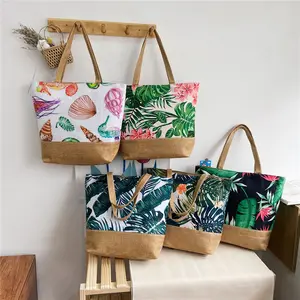 2023 Summer Tropical Floral And Leaves Printed Shoulder Bags Large Tote Handbag Women's Canvas Beach Bag With Pocket And Zipper