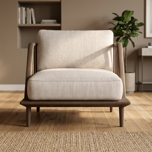 Fauteuil lounge scandinave Mikkeli blanc, structure en bois massif Mindi avec coussin en mousse et tissu, salon, hôtel, appartement, bureau - Product Image 5