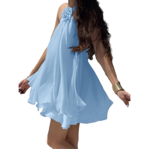 Nuevo Estilo de Verano, Vestido Mini sin Mangas con Cuello Halter y Volantes para Mujer, Color Sólido, Cintura Natural, Impresión Digital, Moda Ecológica - Product Image 3