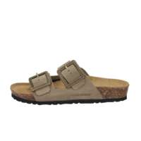 Sandales plates Valleverde à bout ouvert en cuir véritable taupe avec boucle, chaussures confortables à enfiler pour femmes