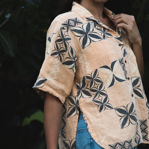 Stylish beach print button-down V-neck shirt and drawstring shorts custom breathable <b>linen</b> shorts two-piece <b>set</b> - Product Image 3