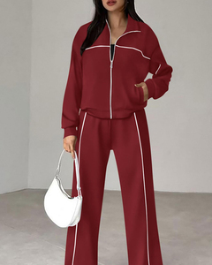Conjunto Deportivo Informal para Mujer, Chaqueta <span class=keywords><strong>con</strong></span> Cremallera de Manga Larga, Pantalones Anchos de Pierna, Dos Piezas, <span class=keywords><strong>Traje</strong></span> Deportivo Holgado de Color Sólido para Uso Diario - Product Image 2