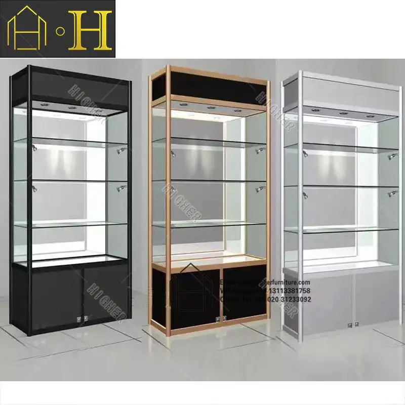 High-end rotating glass door display cabinet with customized size glass cabinet with lighting jewelry