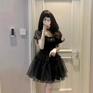 Black Puff Sleeve Dress For Women Summer French Chic Princess Style A Line Mesh Short Skirt Sweetheart Neckline Fitted Waist - Product Image 2