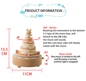Boîte à musique en bois de hêtre à 3 niveaux fantaisie pour gâteau d'anniversaire, avec ours rotatif à remonter mécaniquement, logo personnalisé - Product Image 2