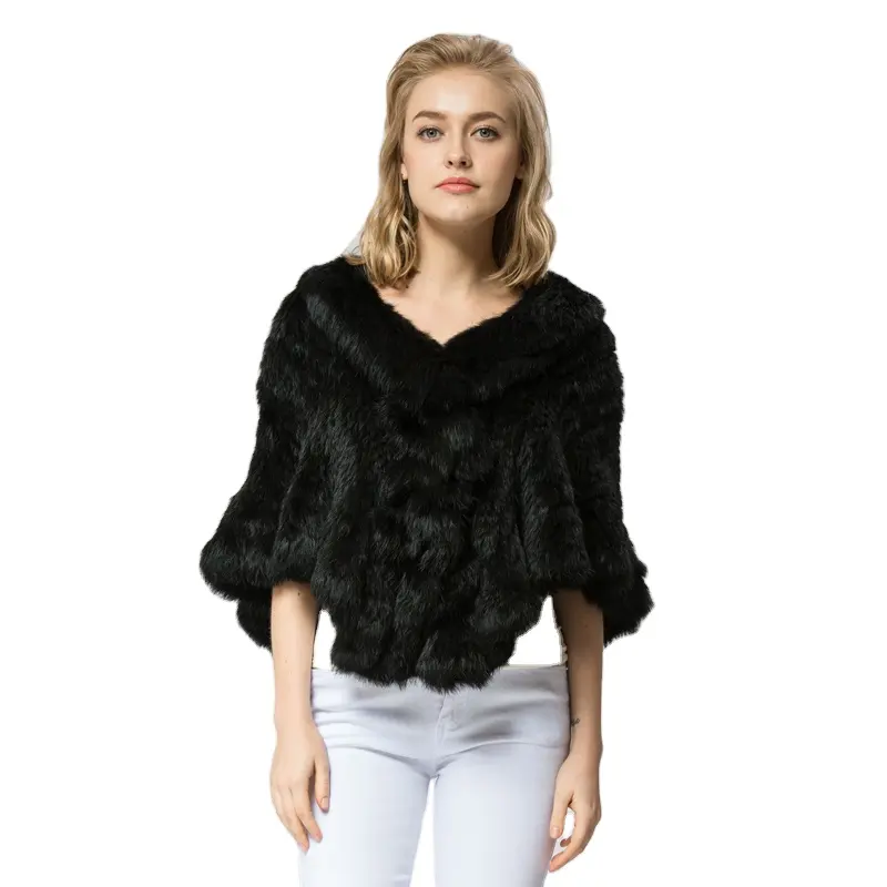 SRR006 Real Knitted rabbit Fur Shawl poncho stole shrug cape robe tippet wrap women's winter warm wedding coat