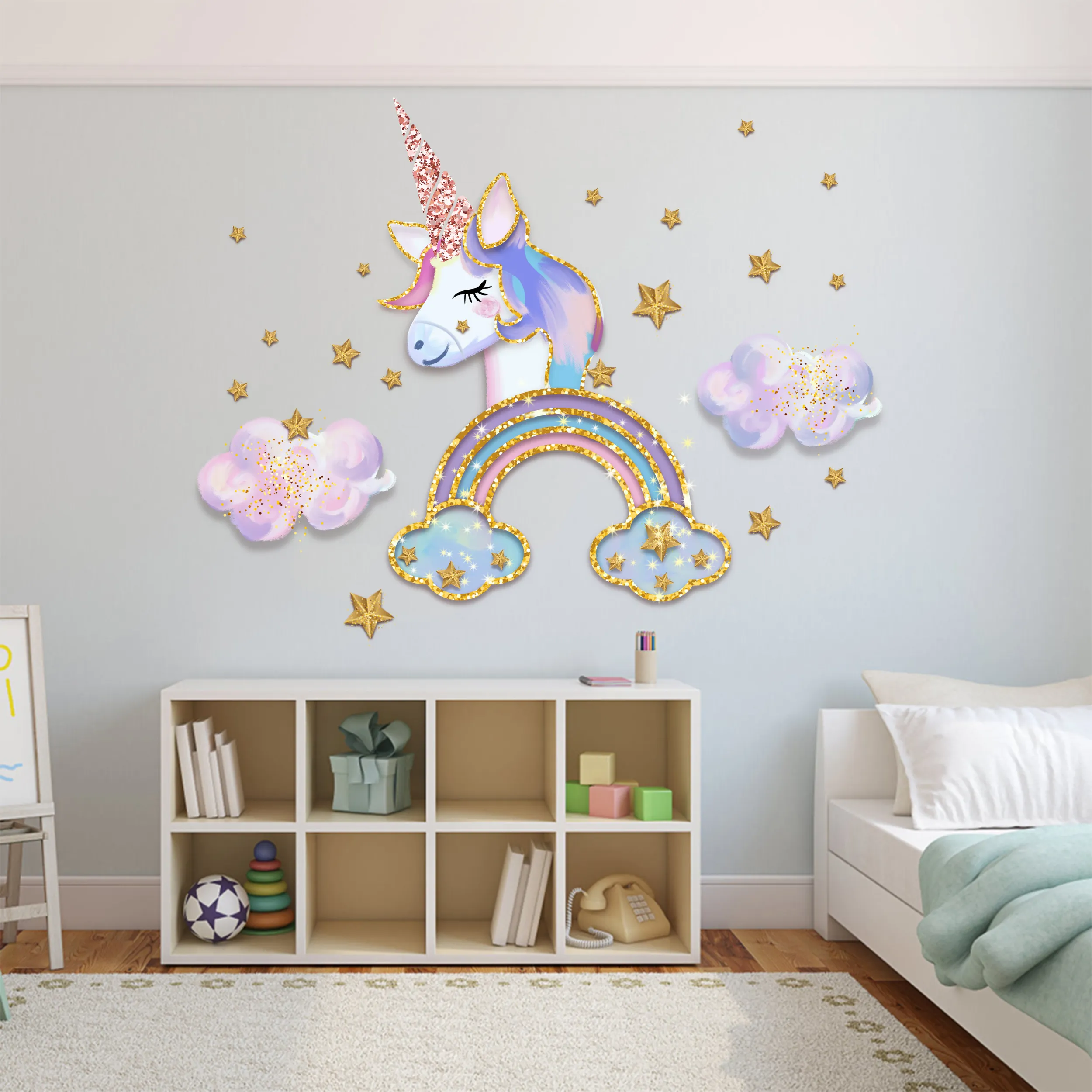 Self adhesive cartoon unicorn wall stickers for living room kids girls room gift decoration
