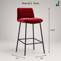 Tabouret de bar ergonomique rembourré en velours avec dossier, structure en acier noir thermolaqué, chaise de bureau ou de salon à hauteur de comptoir