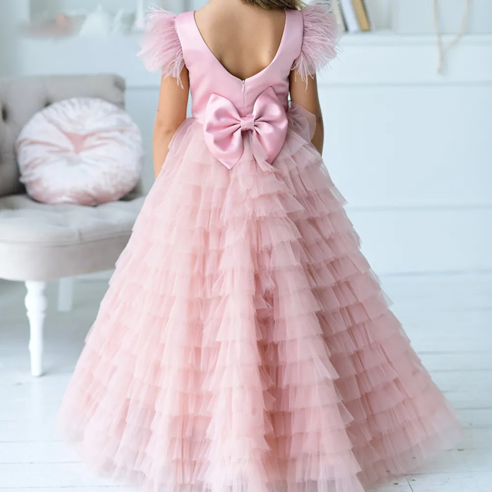 Longo vestido de baile infantil, vestido longo de luxo para meninas rosa e branco vestidos de cupcake com estampa de flores
