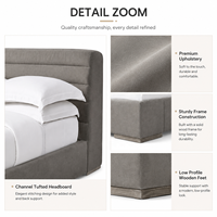 Lit plateforme moderne de luxe en velours gris, cadre de lit capitonné horizontal avec pieds en bois vieilli pour projets hôteliers et villas