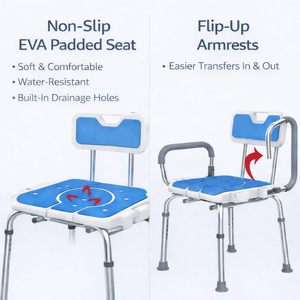 Chaise de douche pour personnes âgées et handicapées, siège de salle de bain réglable en alliage d'aluminium bleu avec dossier et accoudoirs - Product Image 2