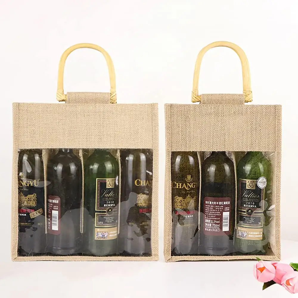 Sacs de jute fantaisie pour bouteille de vin en toile de jute de lin et de jute recyclés personnalisés de deux bouteilles de quatre bouteilles recyclées écologiques avec fenêtre