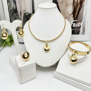 Moda 18K chapado en oro forma de gota de agua collar pendiente pulsera anillo conjunto de joyería de acero inoxidable para mujer - Product Image 5