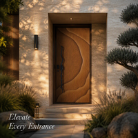 Modern Solid Wood Door Sculptural Wave Design Honey Brown Matte Black Handle Flush Interior B2B Wholesale Factory Price