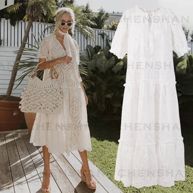 Maxi Cotton Linen Dress Garment Factory Custom Women Bohemian V Neck Short Sleeve Pocket Loose Maxi Hollow Mesh Dress