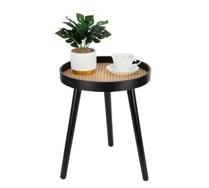 Oak Modern Boho Bedside Table Rattan Small Round Black End Table For Living Room