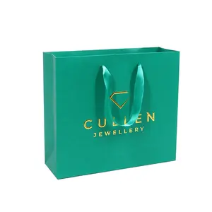 Custom Design Thanks You Green Gift Paper Bag Gold Hot Foil Logo Printing With Luxury Handle