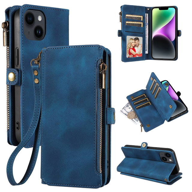For Samsung Galaxy S25 Ultra Leather Wallet Flip Mobile Phone Case Shockproof Back Cover With Zipper Pocket for iPhone 16 Pro