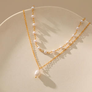 Elegante agua dulce moda latón 18K chapado en oro cadena ABS doble capa perla colgante collar - Product Image 2