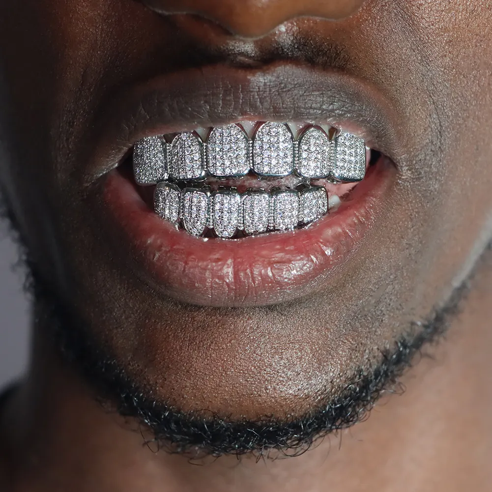 Diamond Grills for Your Teeth Women 18K Gold Plated Fully Iced Out CZ Vampire Top and Bottom Face Mouth Men