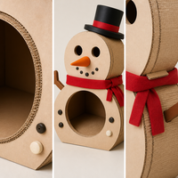 Maison pour chat en carton ondulé, type grotte bonhomme de neige, avec nez de carotte, écharpe et espace creux