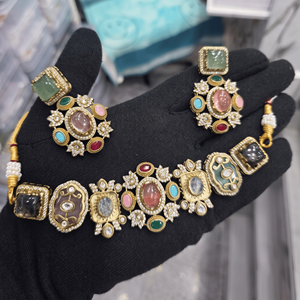 Traditional Antique Gold Plated Multi Color Stone Choker <b>Necklace</b> <b>Set</b> With Matching Earrings For <b>Indian</b> Ethnic Bridal Wear - Product Image 3