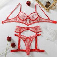 Ensemble de lingerie rouge en dentelle, broderie florale transparente, soutien-gorge à armatures, porte-jarretelles, 3 pièces, sous-vêtements sexy et érotiques pour femmes