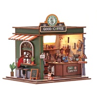 Model Puzzle 3D Kayu Street View, Mainan Edukatif DIY Perakitan Kedai Kopi Mini, Kit Rumah Kafe dengan Lampu LED