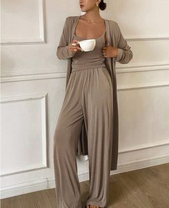 Ensemble 3 Pièces Minimaliste : <span class=keywords><strong>Robe</strong></span> Caraco, Cardigan et Pantalon <span class=keywords><strong>de</strong></span> Pyjama – Tenue d'Intérieur Personnalisée en Maille Côtelée pour <span class=keywords><strong>Femme</strong></span> - Product Image 5
