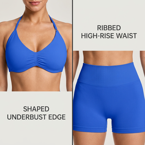 Ensemble de sport 2 pièces respirant Comper pour femme : soutien-gorge de sport à bretelles halter et short de yoga côtelé sans couture - Product Image 6