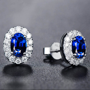 Pendientes de tuerca de corte ovalado de zafiro con diamante Real para mujer, regalo para amante, compromiso, boda, fiesta, joyería personalizada - Product Image 1